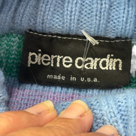 VINTAGE 80’s Pierre Cardin Blue and Green Bunny print Mock Neck Sweater Size XL - Picture 4 of 9